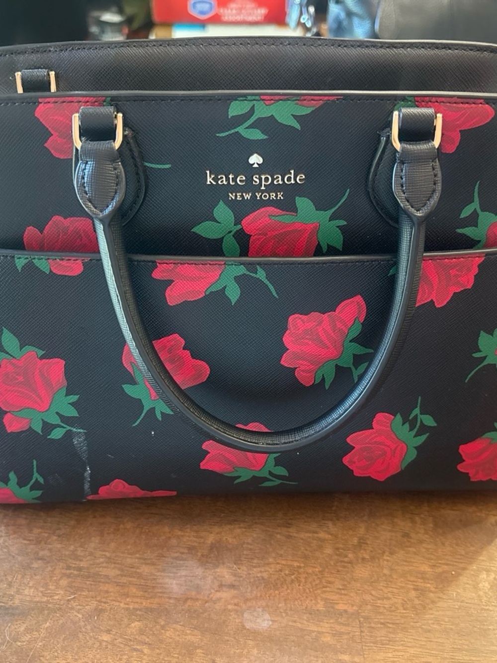 kate spade Black Rose Print Satchel with Green Accents